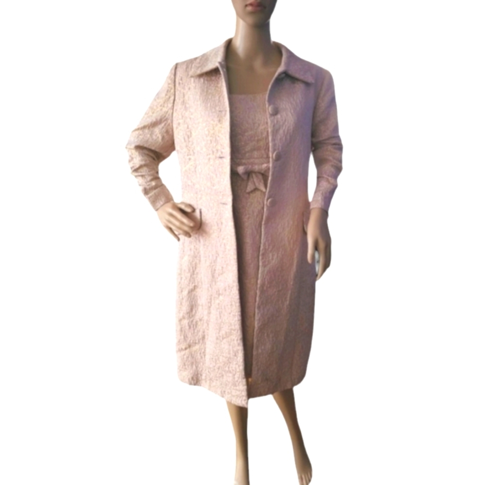 VTG Eliza J NY Brocade Two Piece Dress Suit Size 6 Midi Pink Rose Gold Bow